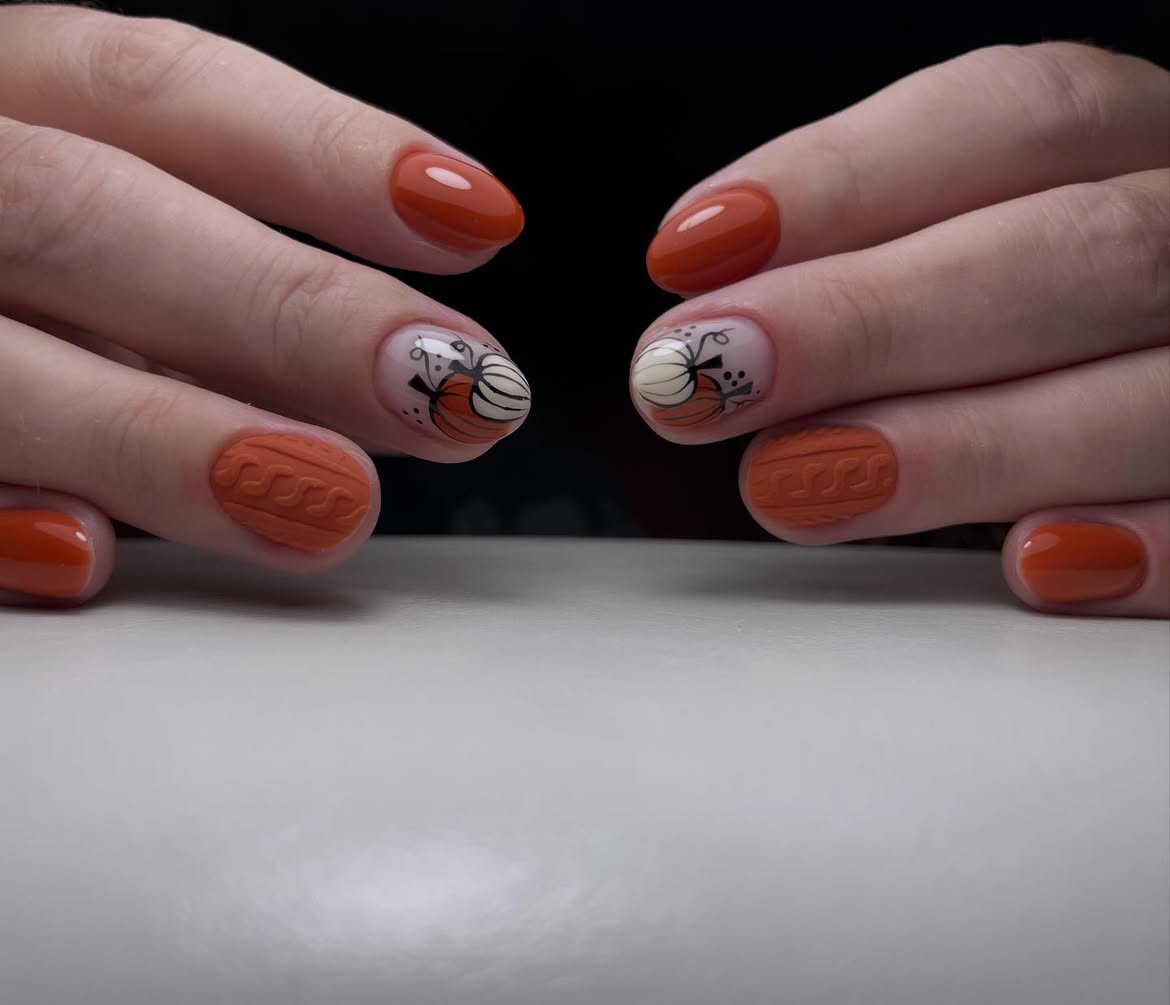 28 Stunning Pumpkin Nail Ideas for a Chic Fall Look 18 Cozy Orange Pumpkin Cable Knit Nails