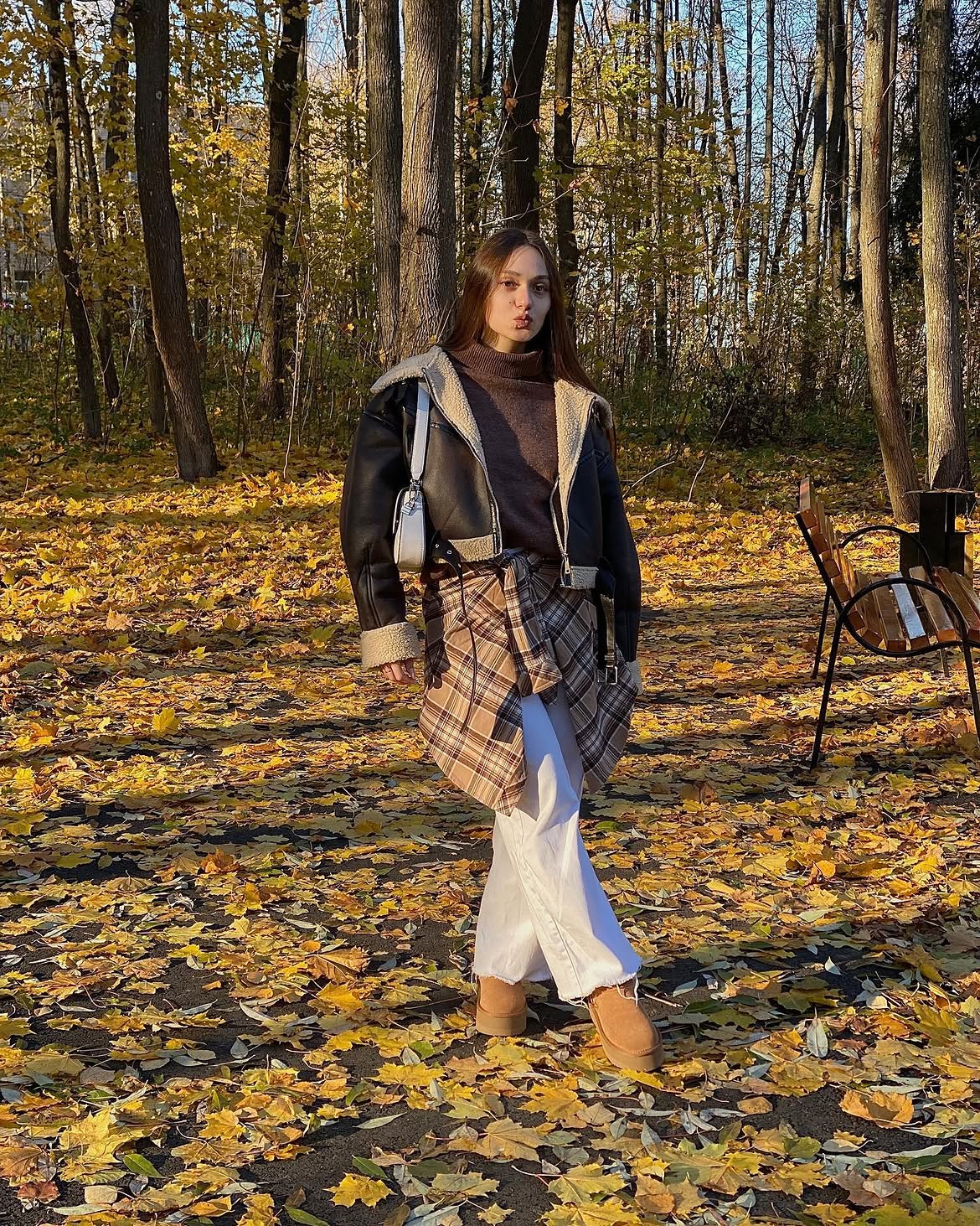Cozy Shearling Moto Jacket With Plaid Layering