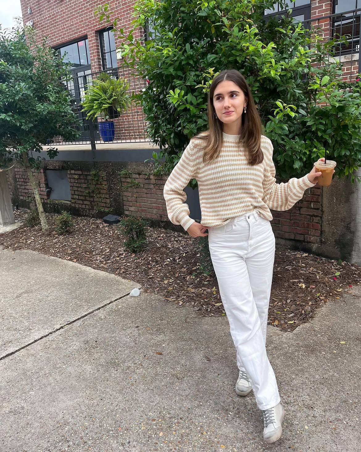 Cozy Stripe Sweater With White Straight Leg Jeans