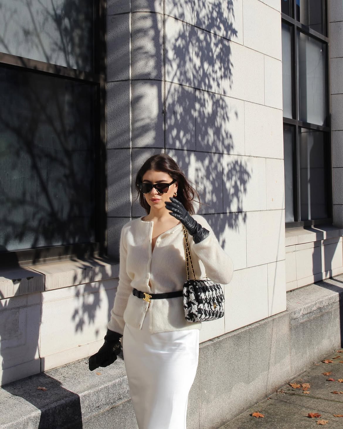 Cream Cardigan And Satin Skirt Parisian Chic