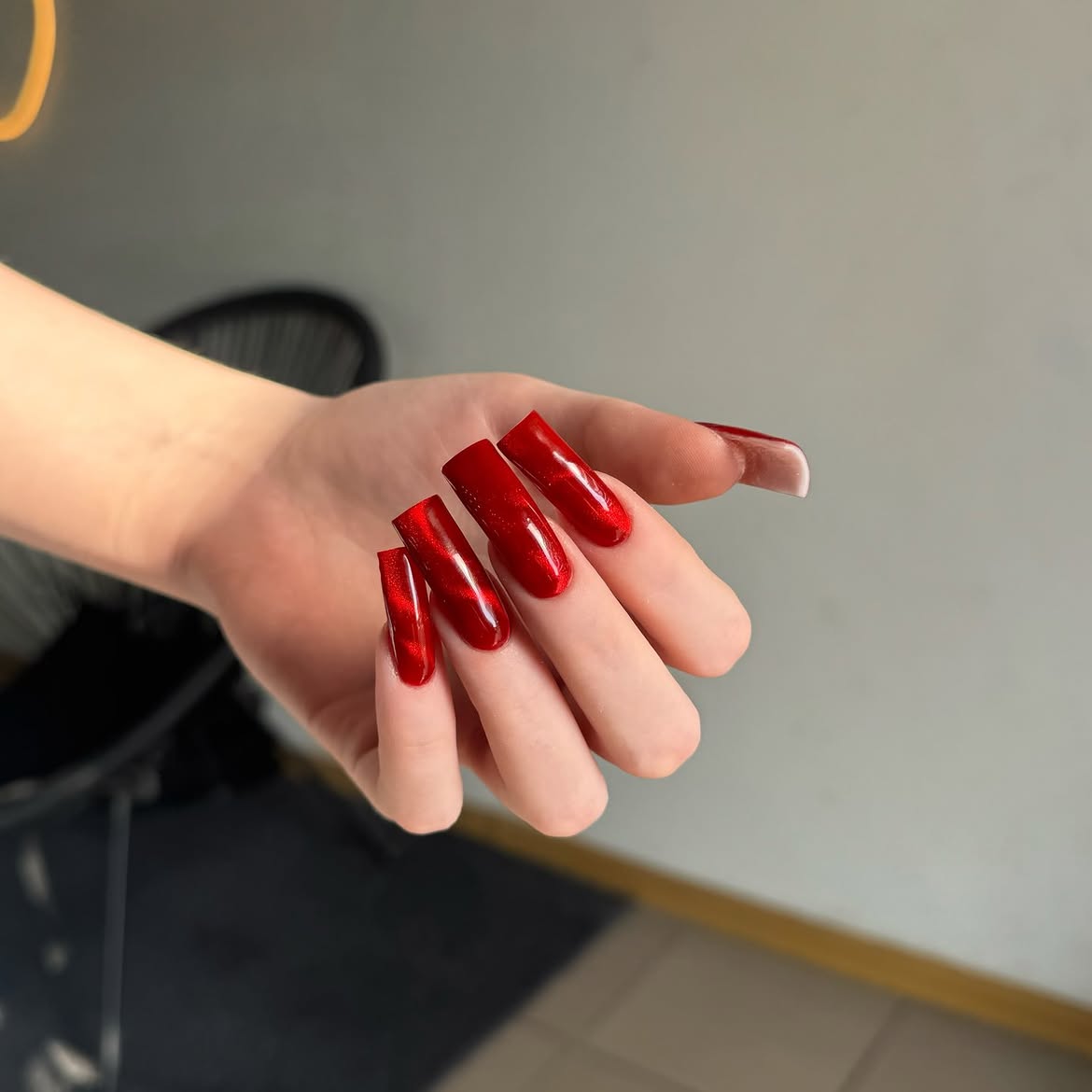 Crimson Cat Eye Glossy Long Coffin Nails