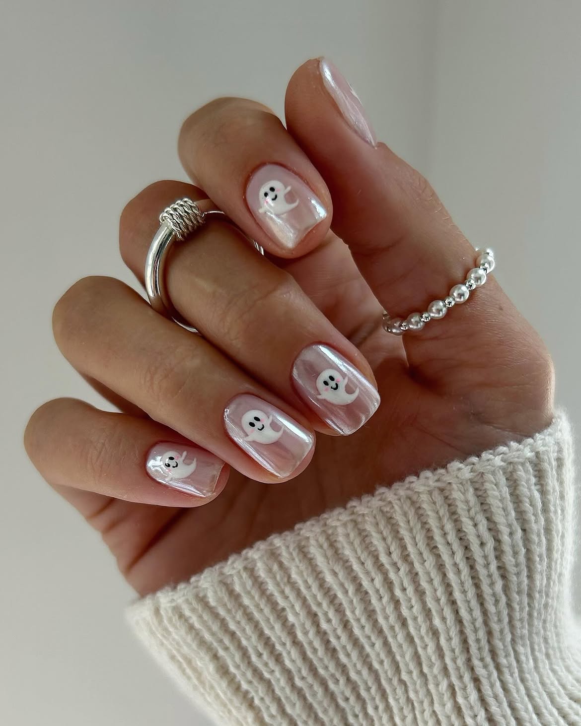 Cute Ghost Aura French Tip Halloween Nails