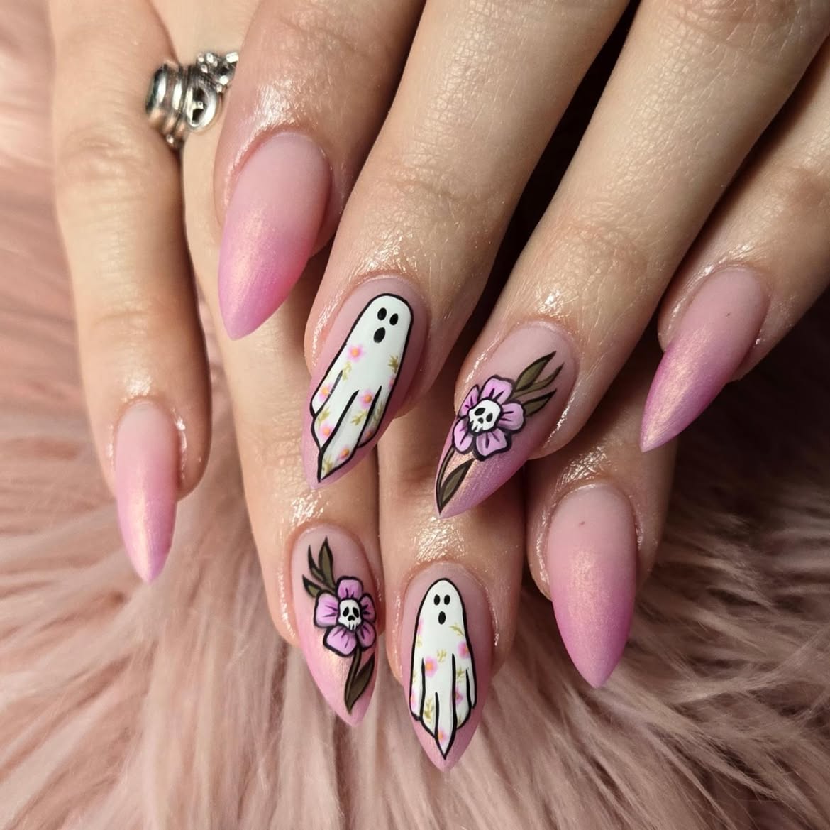 27 Spooktacular Pink Halloween Nail Ideas You Need 29 Cute Ghost Floral Pink Halloween Almond Nails