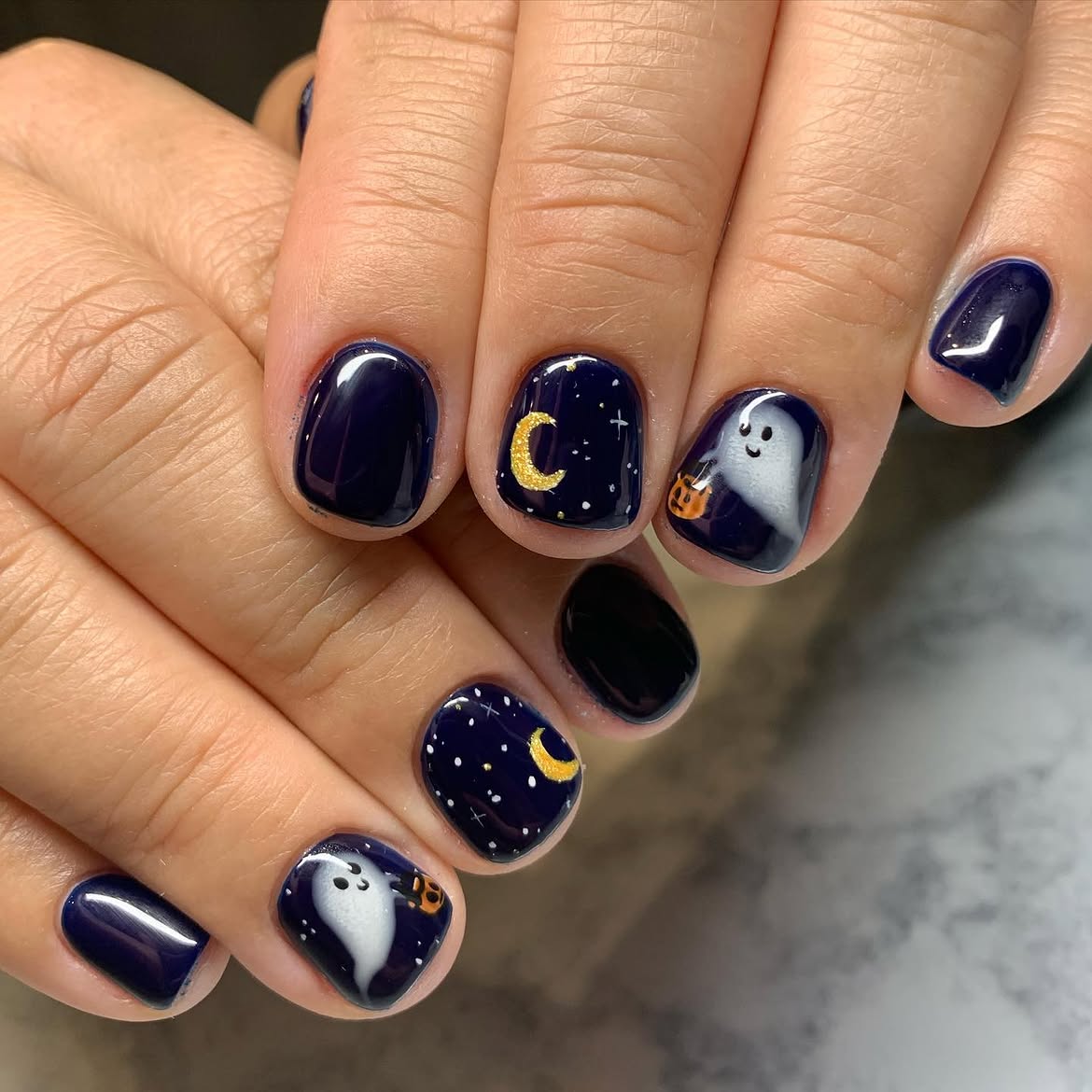Cute Ghost & Moon Halloween Night Nails