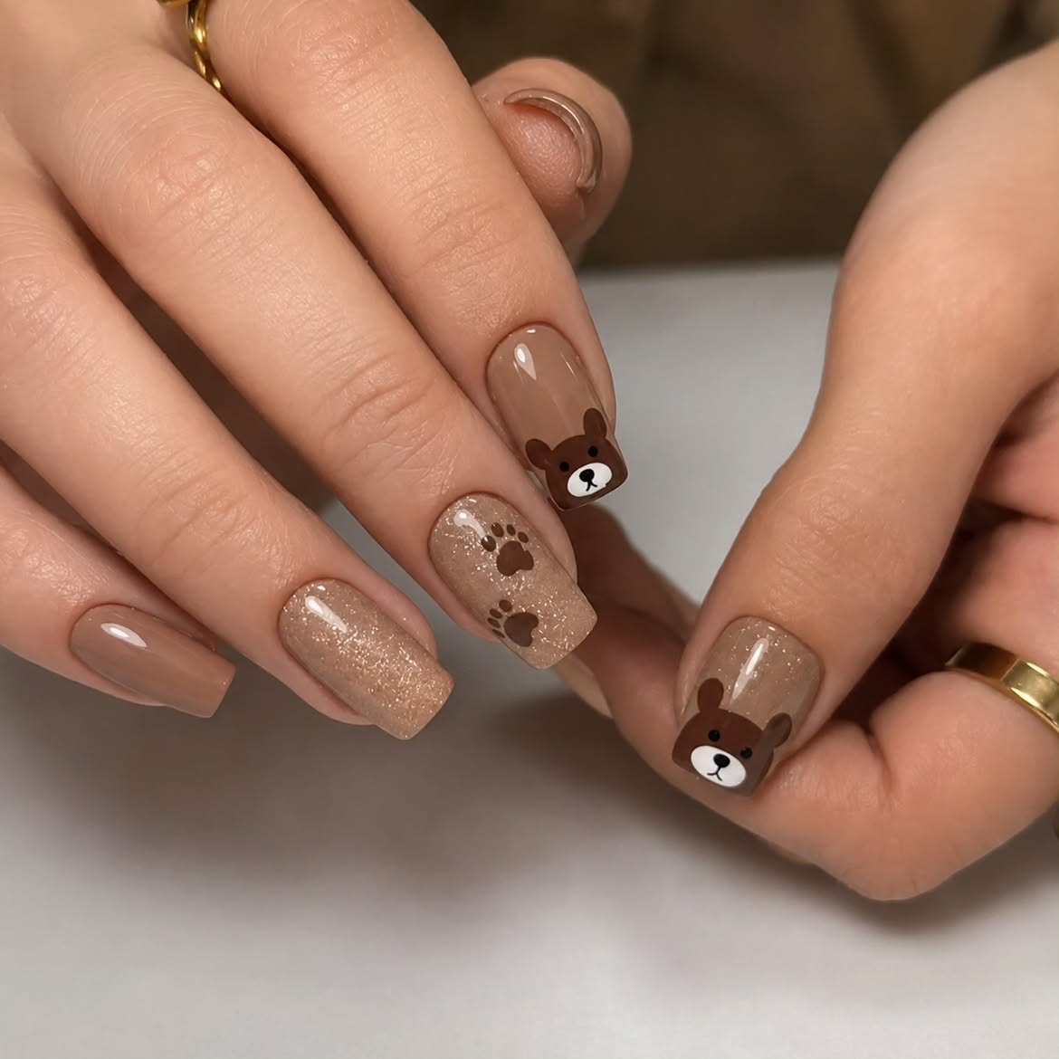 Cute Teddy Bear French Tip Fall Nails