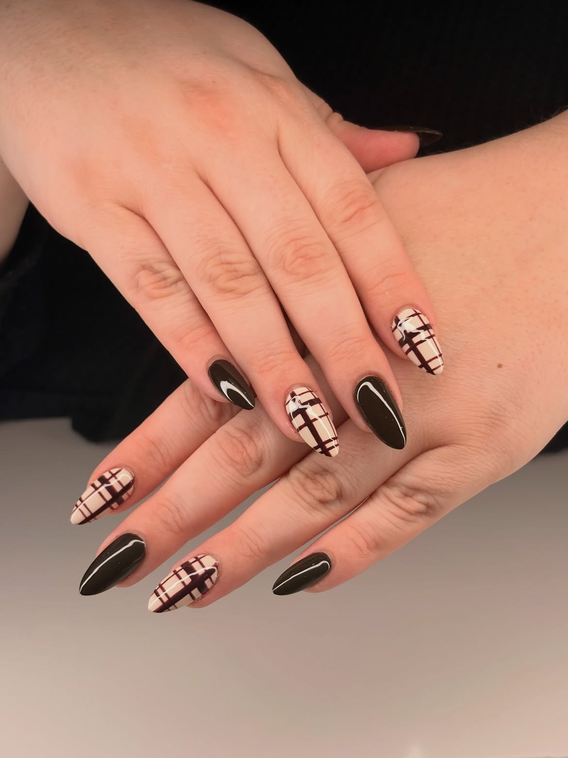 Dark Academia Plaid Almond Nails