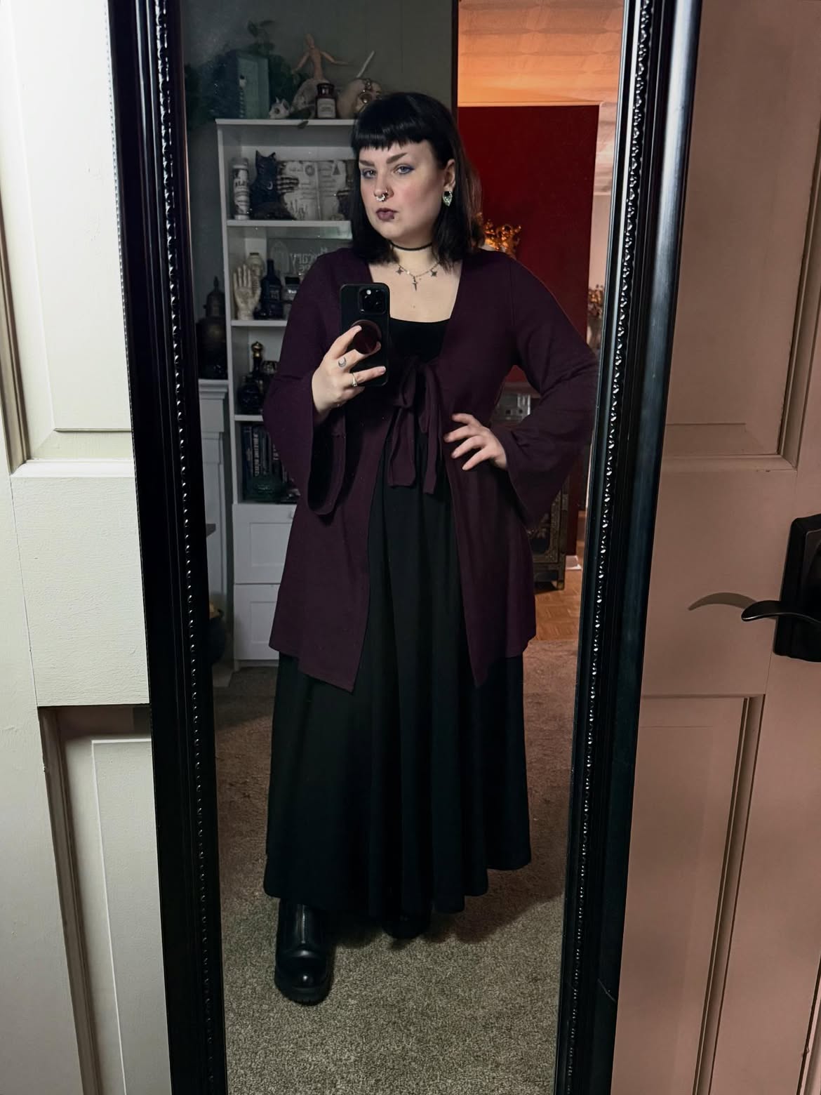 Dark Academia Plum Cardigan Over Black Maxi Dress
