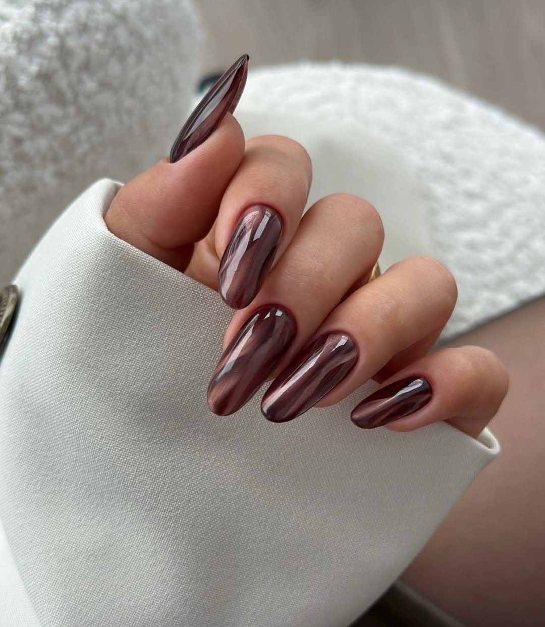 Dark Chocolate Cat Eye Almond Nails