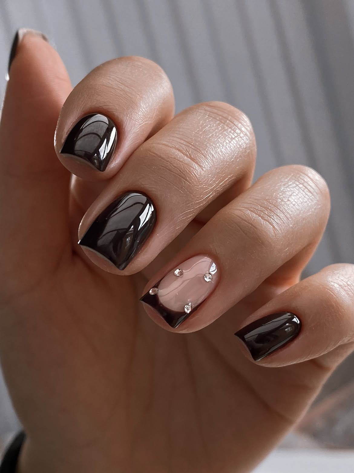Dark Chocolate French Tip Nails with Rhinestones