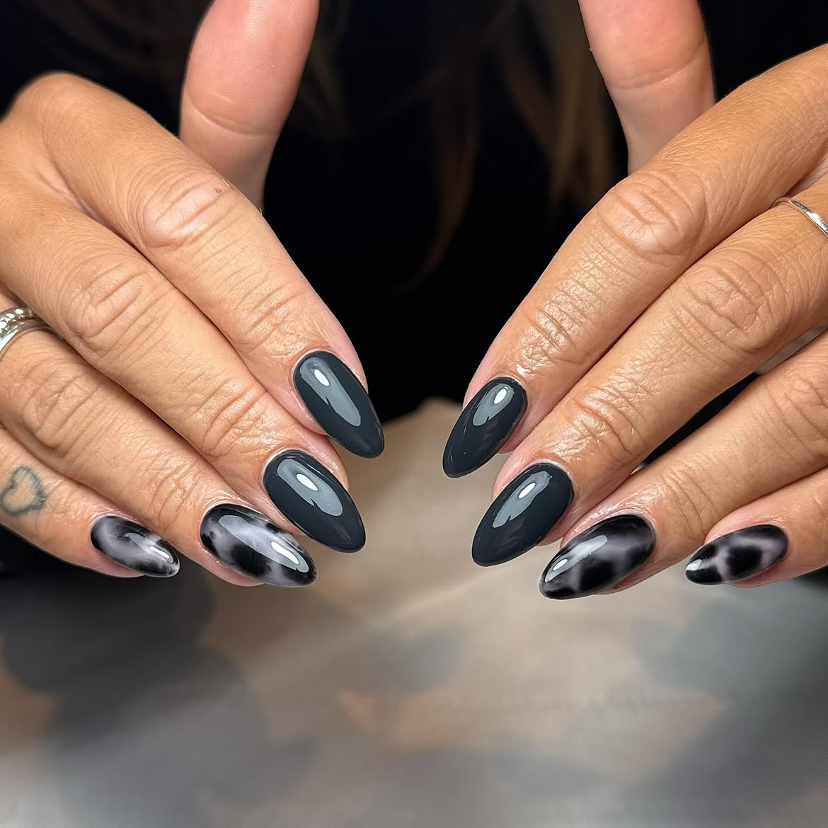 29 Stunning October Nail Ideas You Need To Try Now 23 Dark Slate Gray Almond Nails with Marble Art