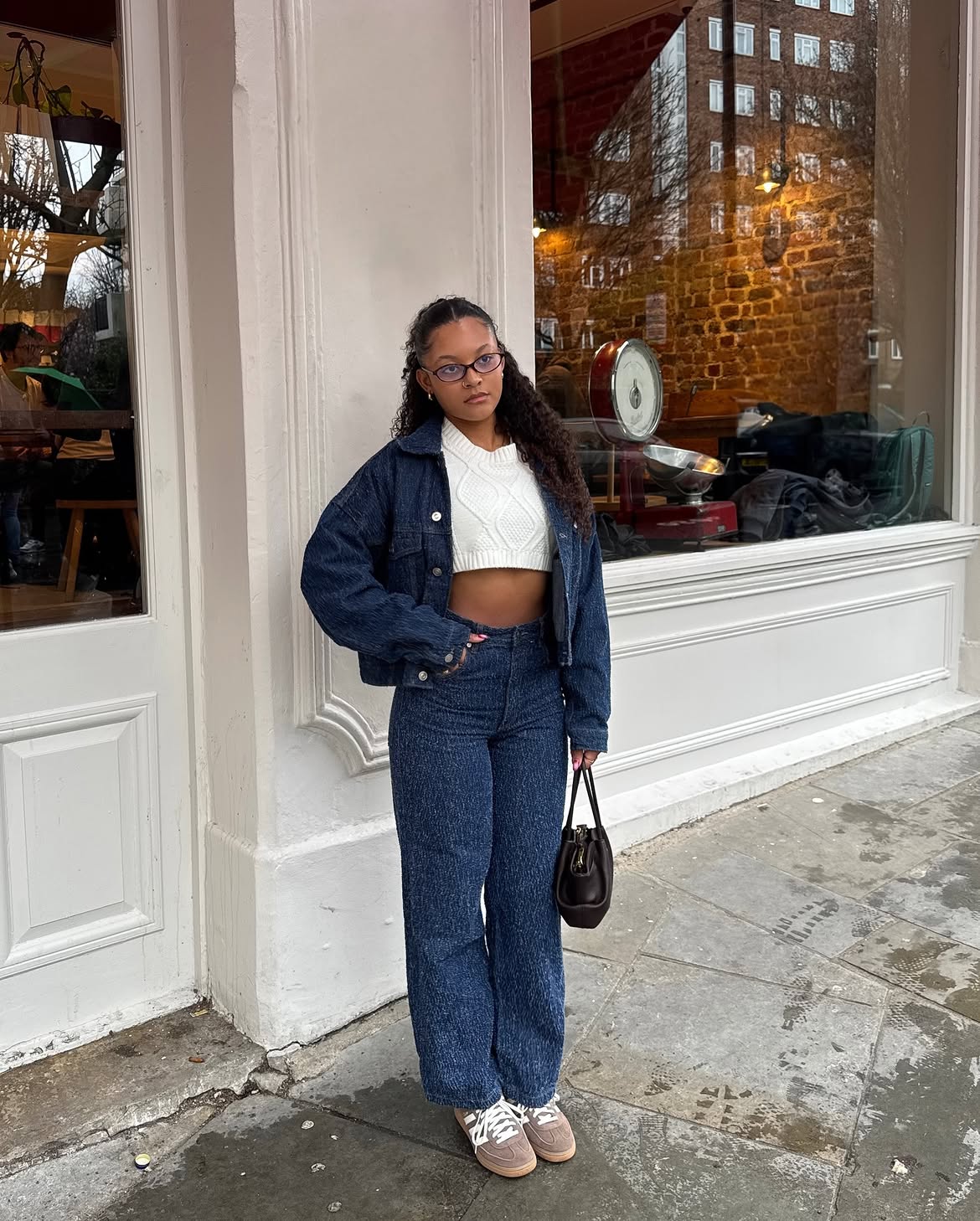 Dark Wash Denim Co-Ord With Cable Knit Crop Top