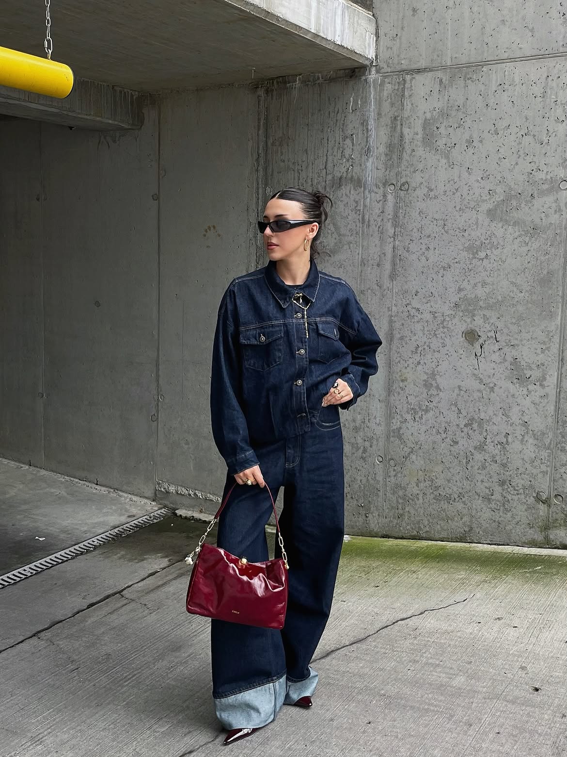 Dark Wash Denim Full Suit With Burgundy Bag