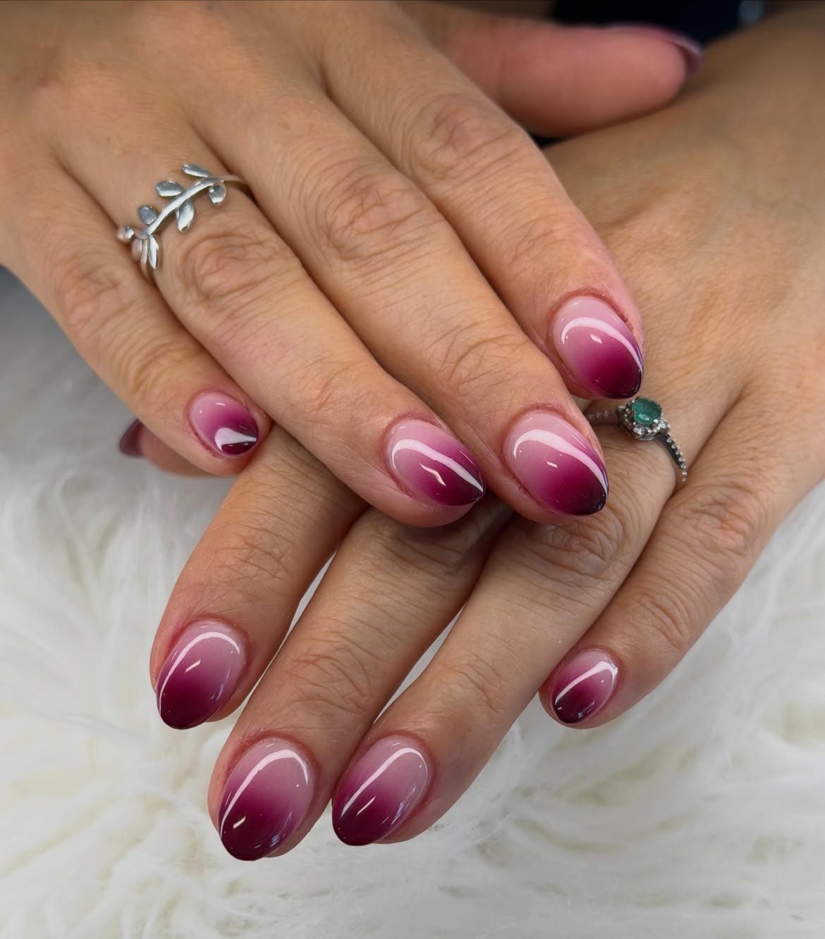 Deep Berry To Pink Ombre Oval Nails