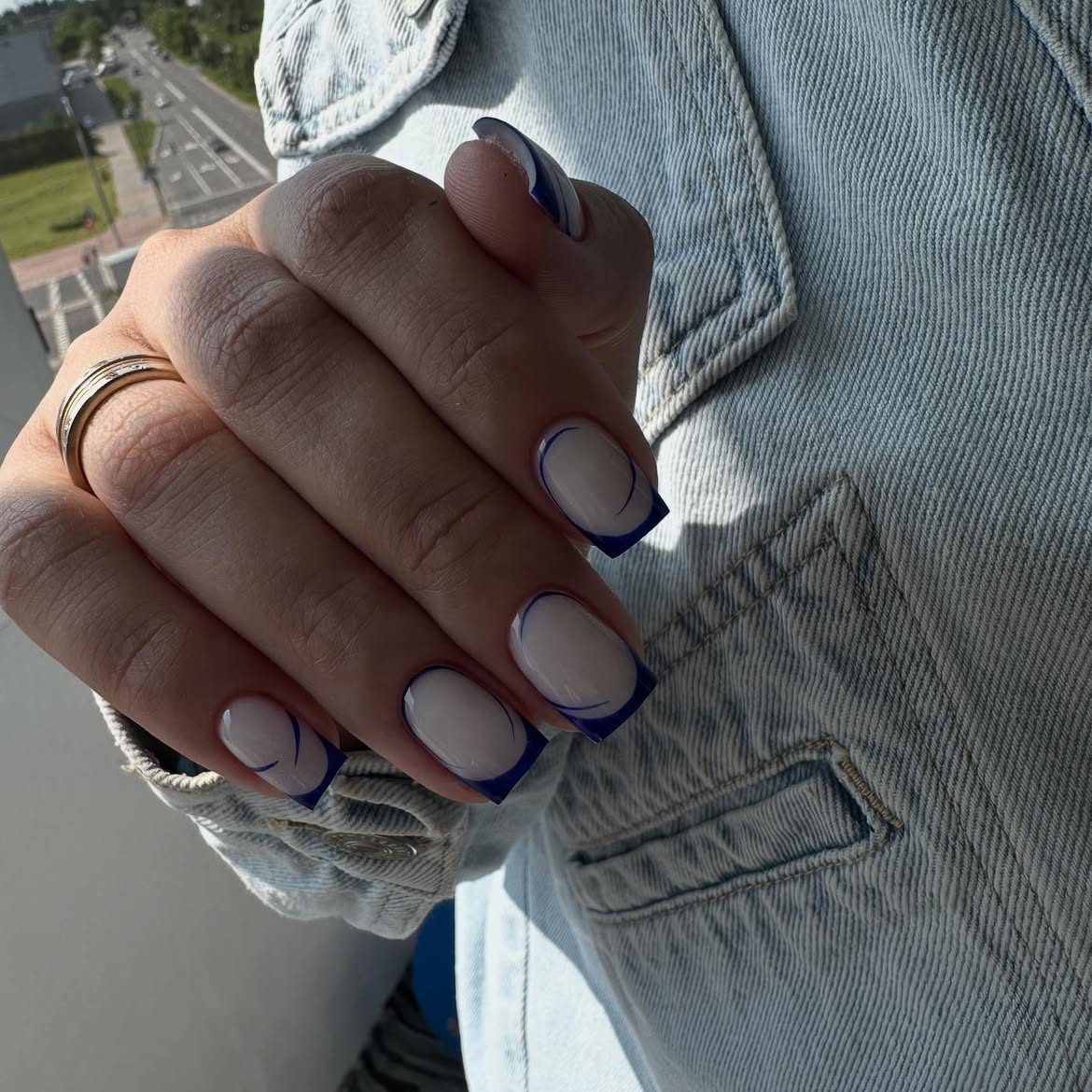 Deep Blue French Swirl Square Nails