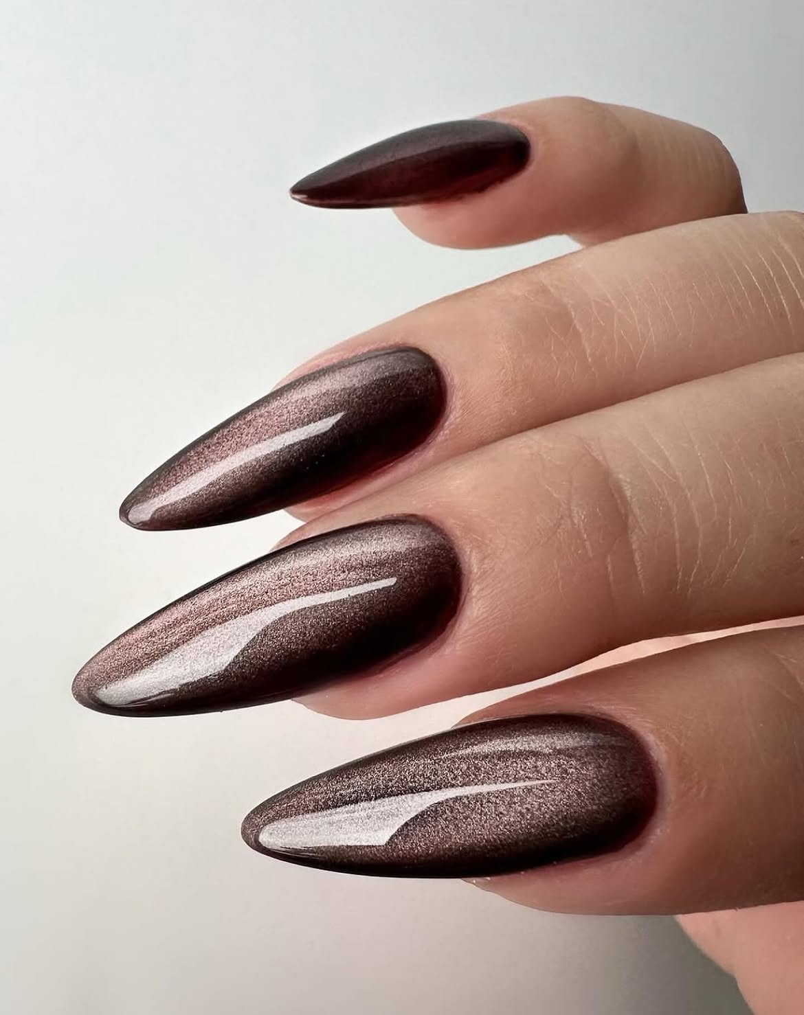 Deep Bronze Shimmer Stiletto Cat Eye Nails