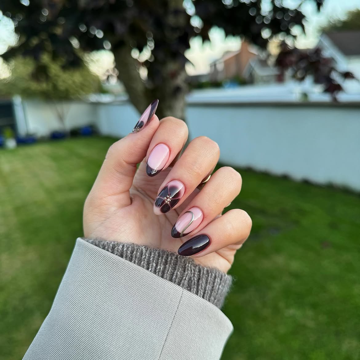 Deep Brown French Ombre Almond Nails