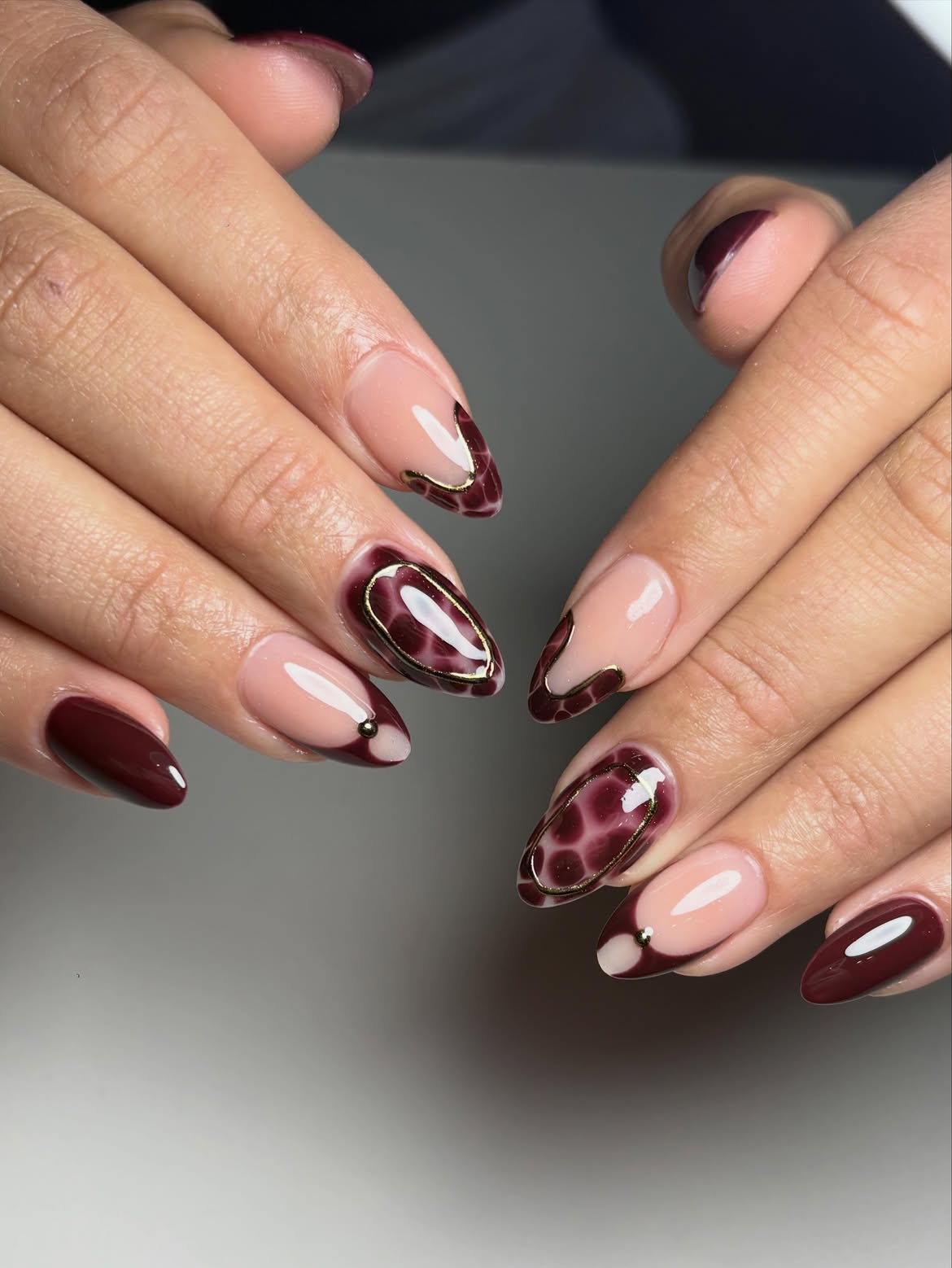 Deep Burgundy Abstract French Tip Nails