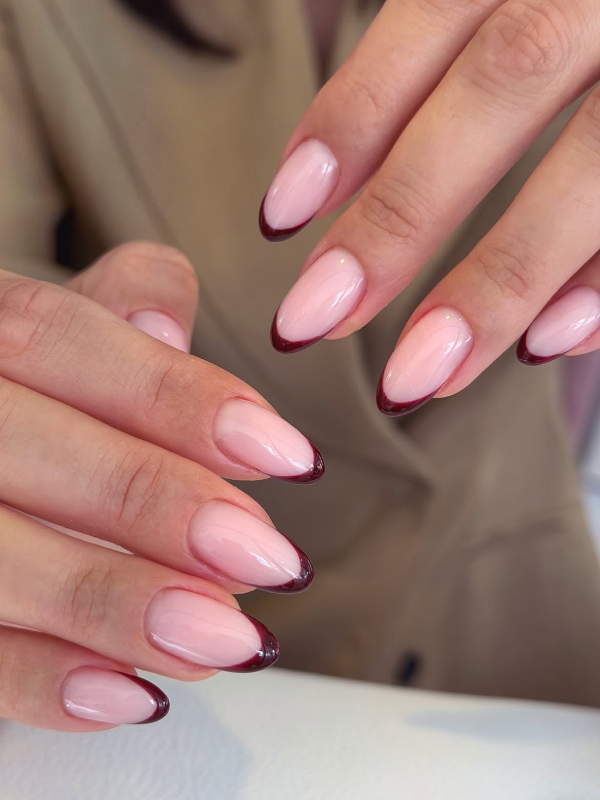 Deep Burgundy Accent French Tip Nails