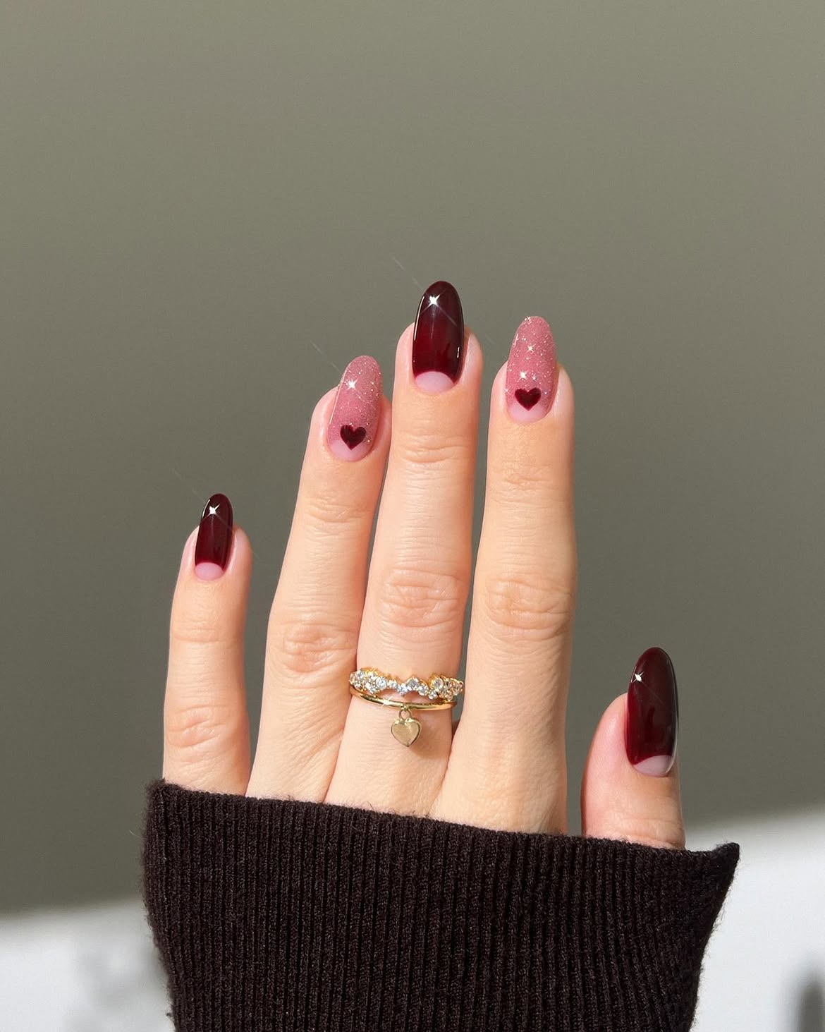 Deep Burgundy And Pink Glitter Heart Nails