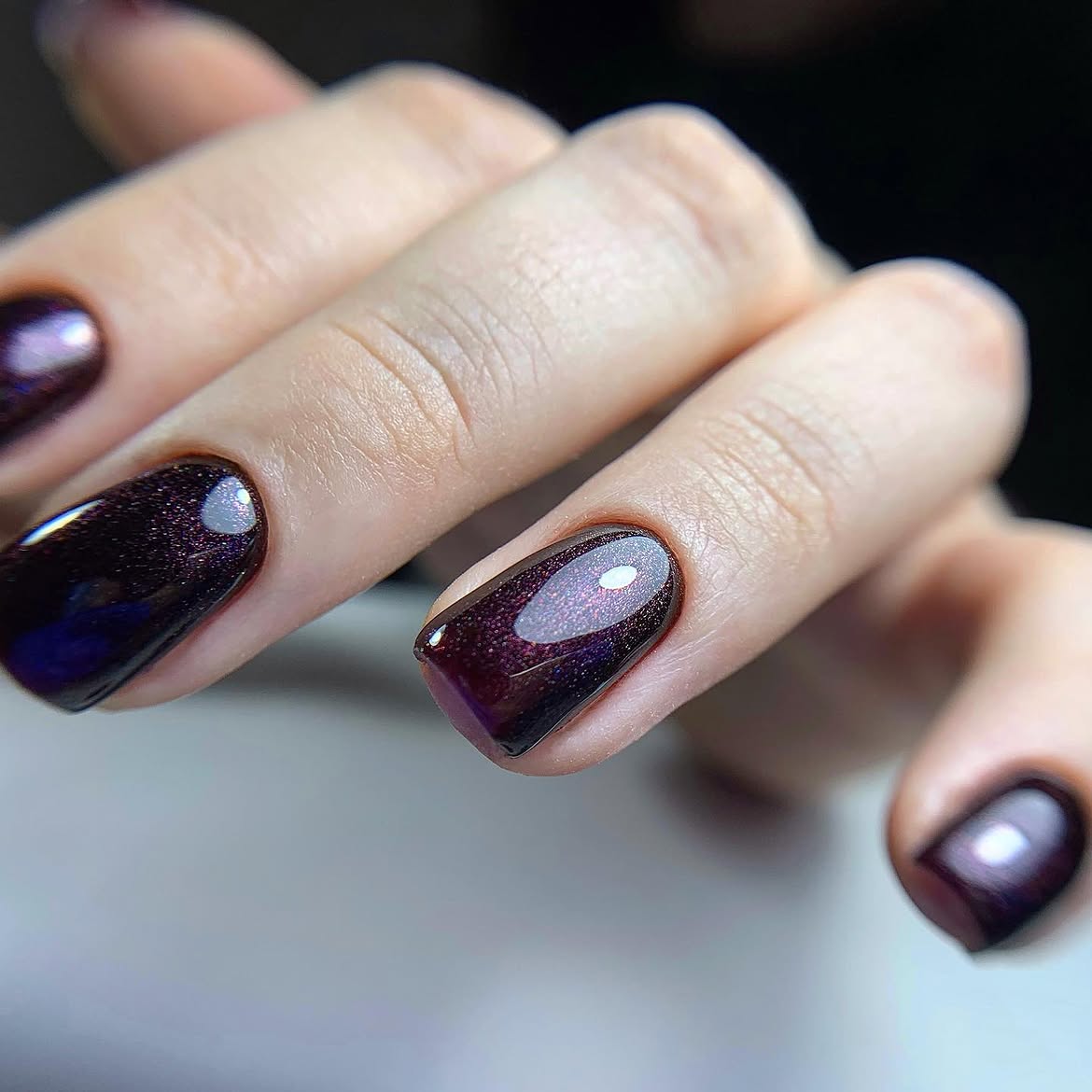 Deep Burgundy Cat Eye Gel Nails