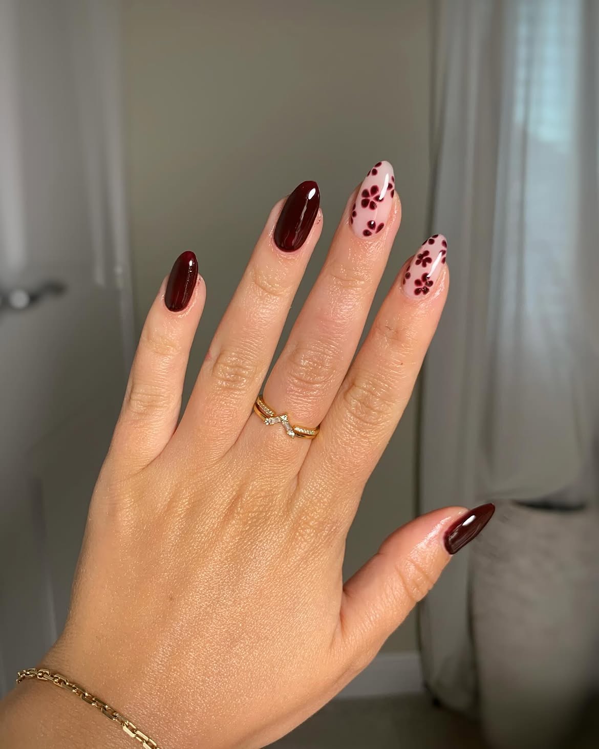 27 Must-Try Early Fall Nail Ideas For A Chic Autumn Vibe 28 Deep Burgundy Floral Almond Nails