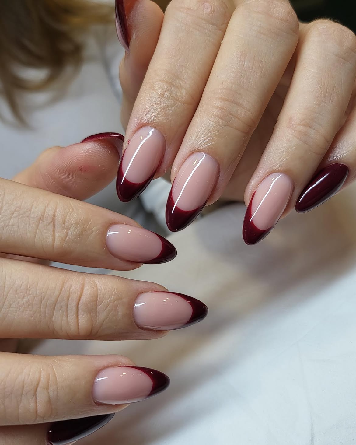 Deep Burgundy French Almond Nails
