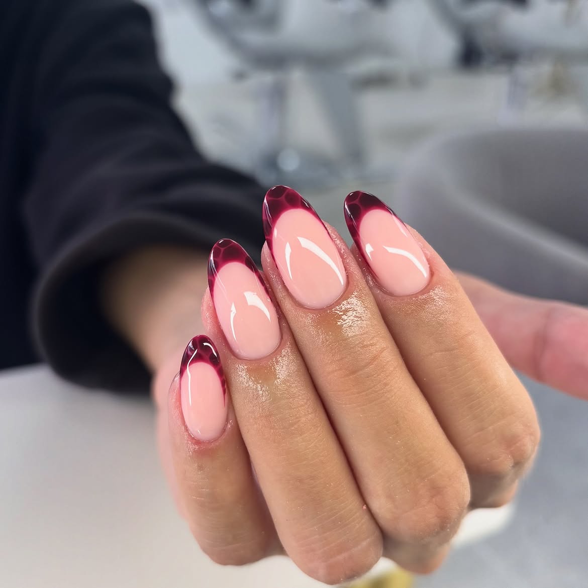 Deep Burgundy French Ombre Almond Nails