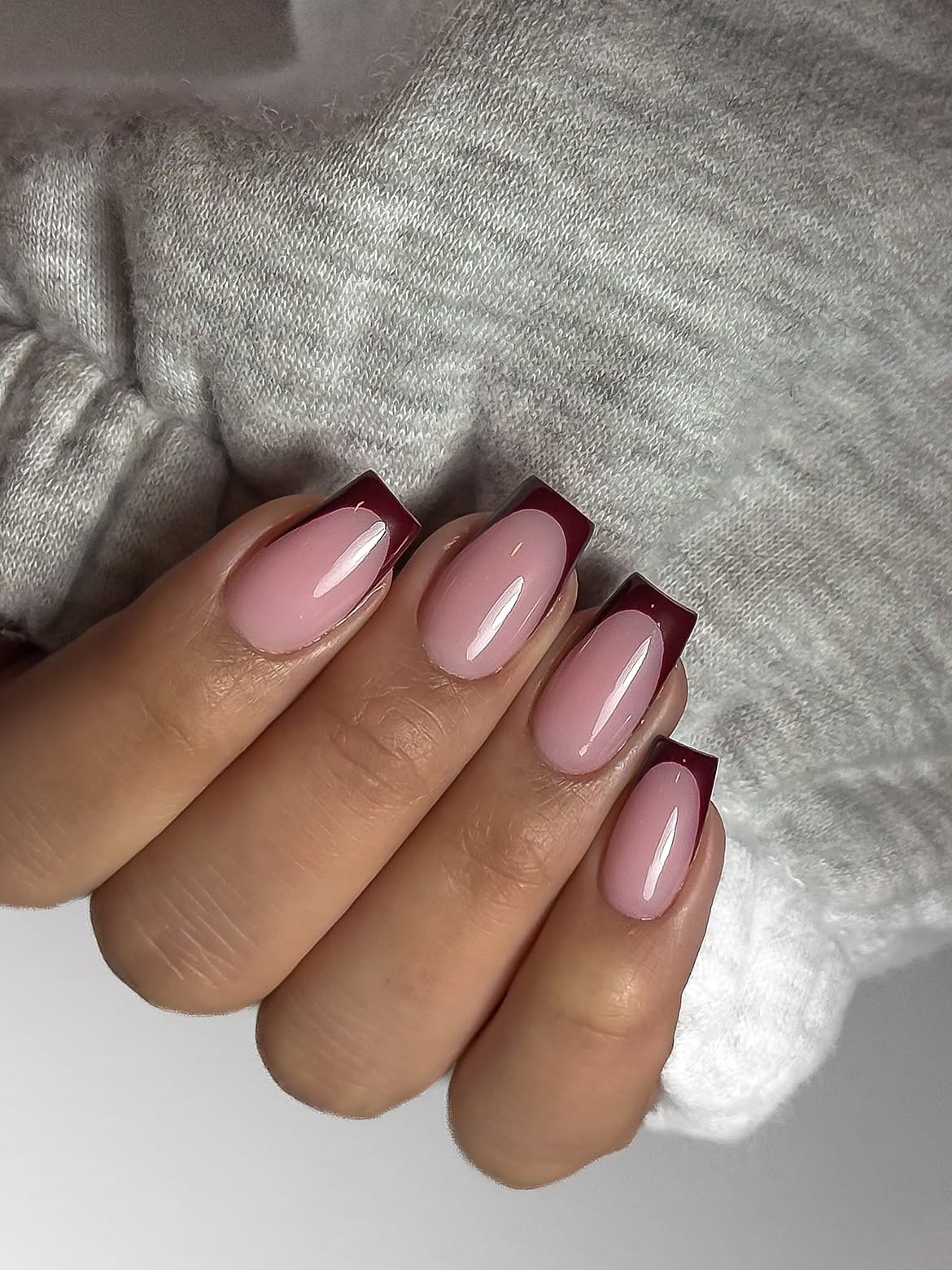 Deep Burgundy French Tip Almond Nails