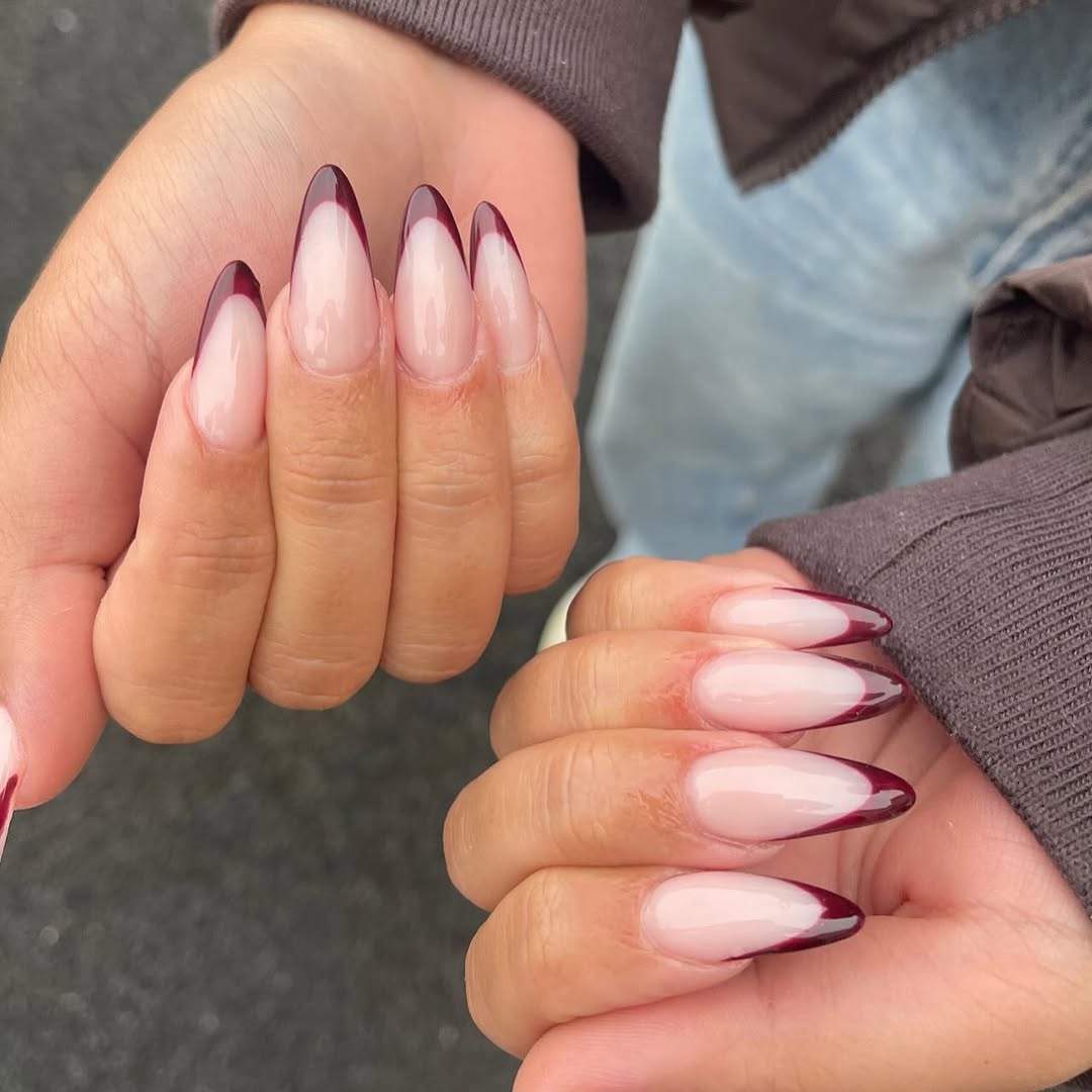 Deep Burgundy French Tip Almond Nails
