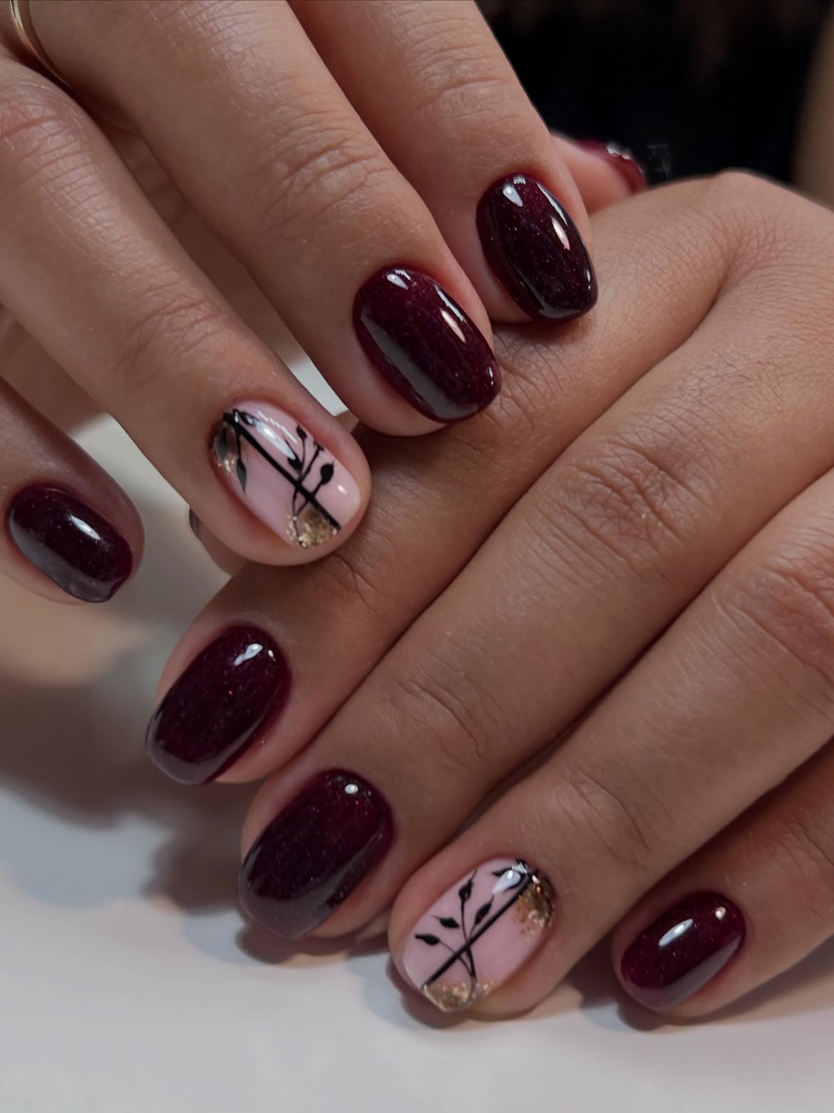 Deep Burgundy Glitter Oval Nails