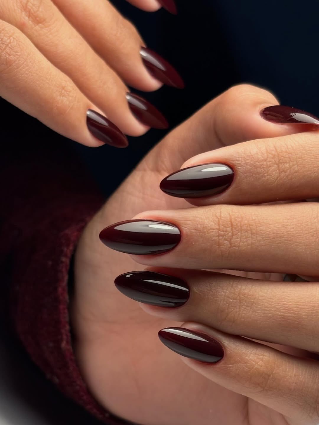Deep Burgundy Glossy Almond Nails