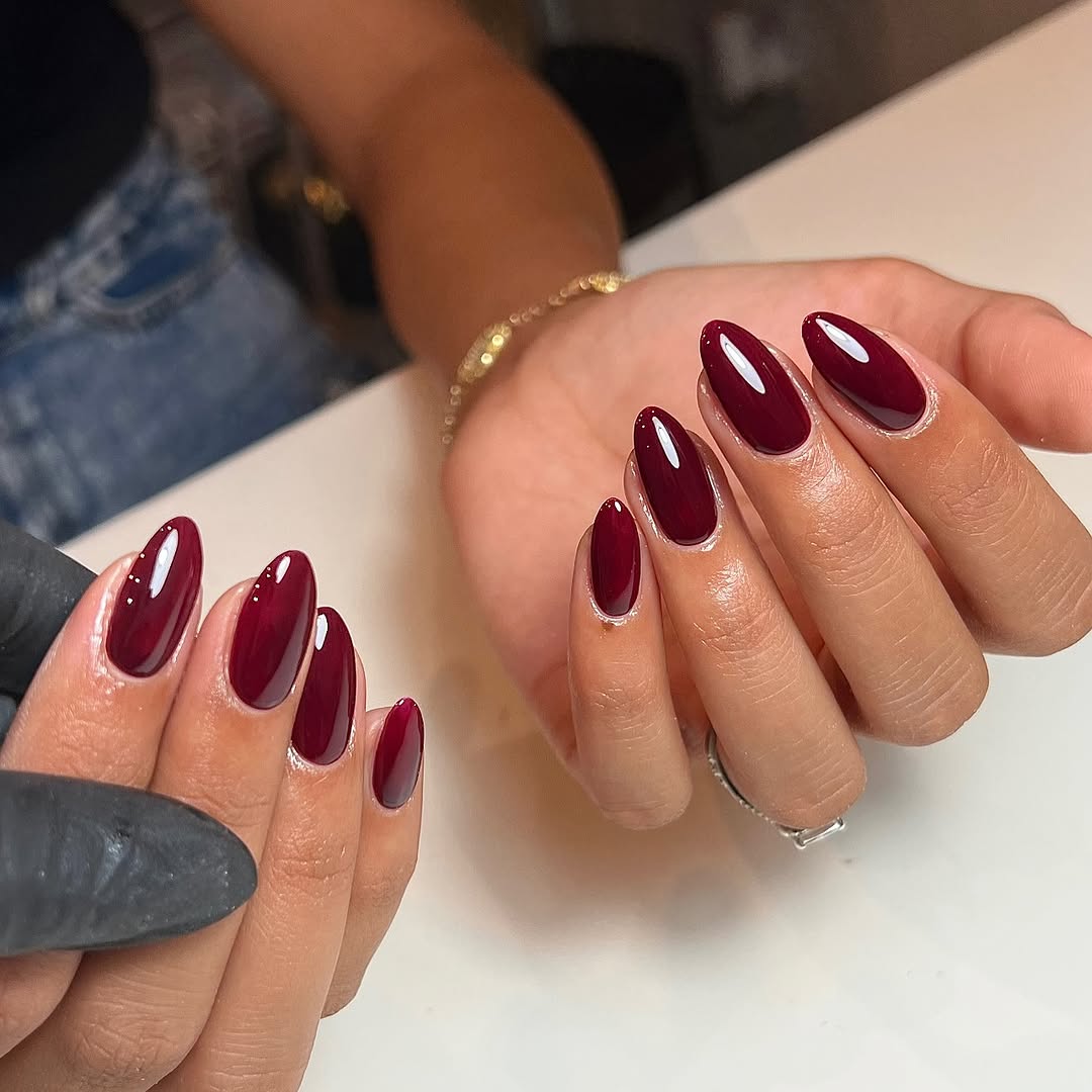 Deep Burgundy Glossy Almond Nails