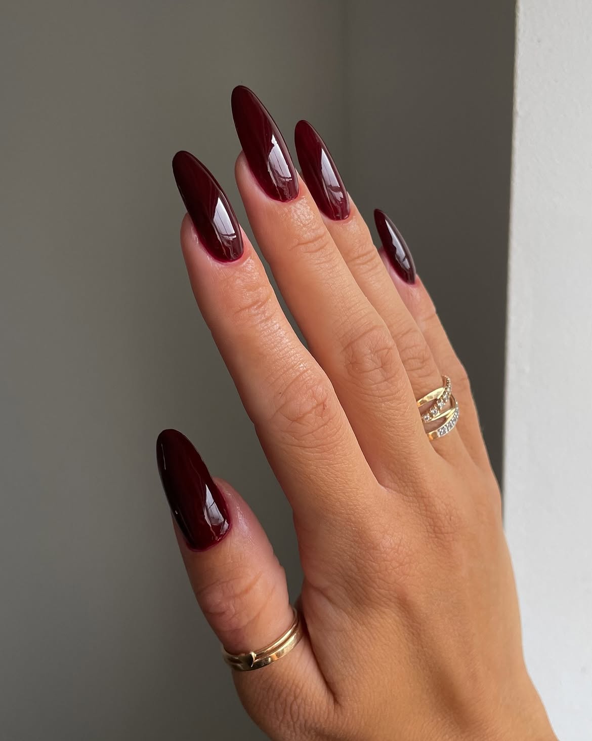 Deep Burgundy Glossy Almond Nails