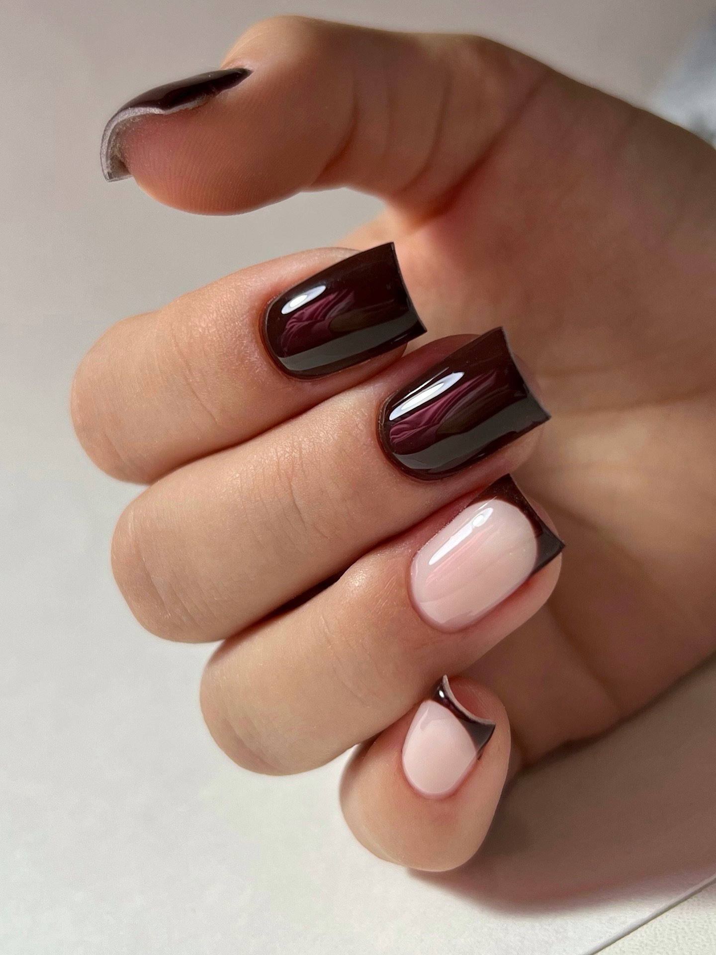 Deep Burgundy Glossy French Swirl Nails
