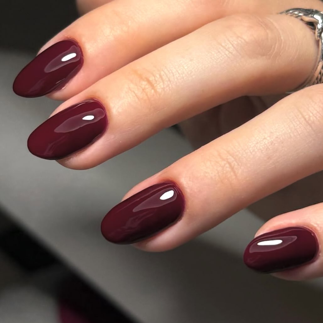 Deep Burgundy Glossy Oval Nails