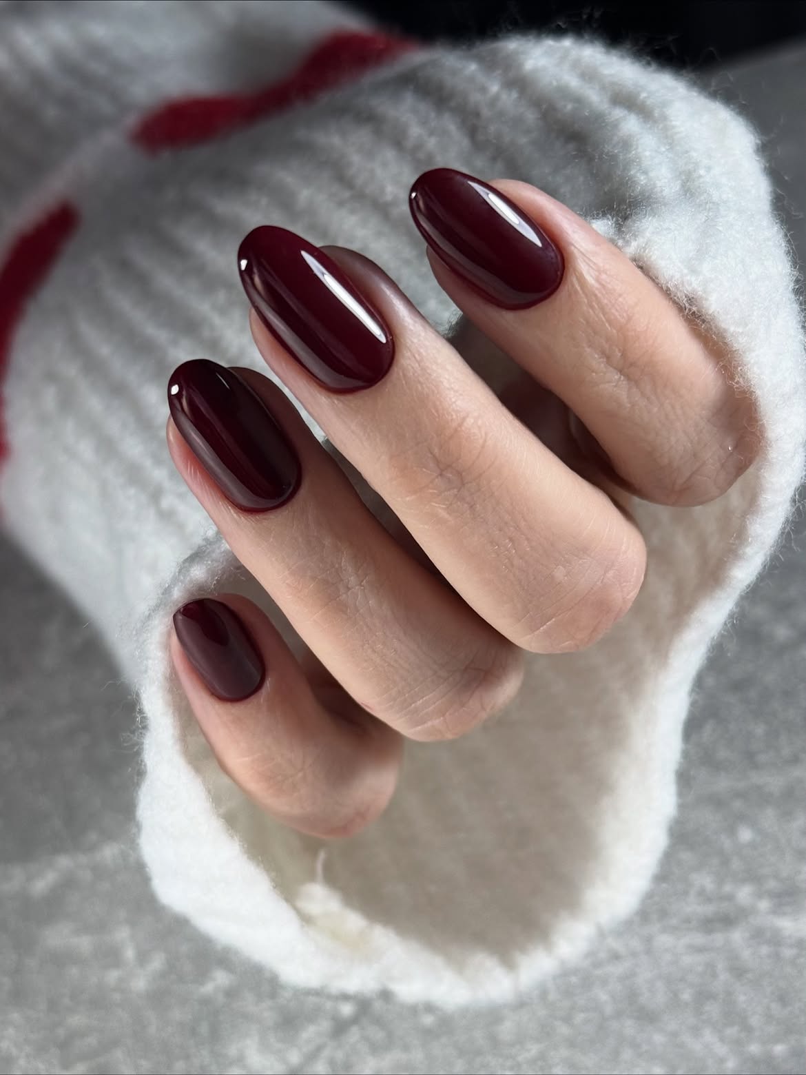 Deep Burgundy Glossy Oval Nails