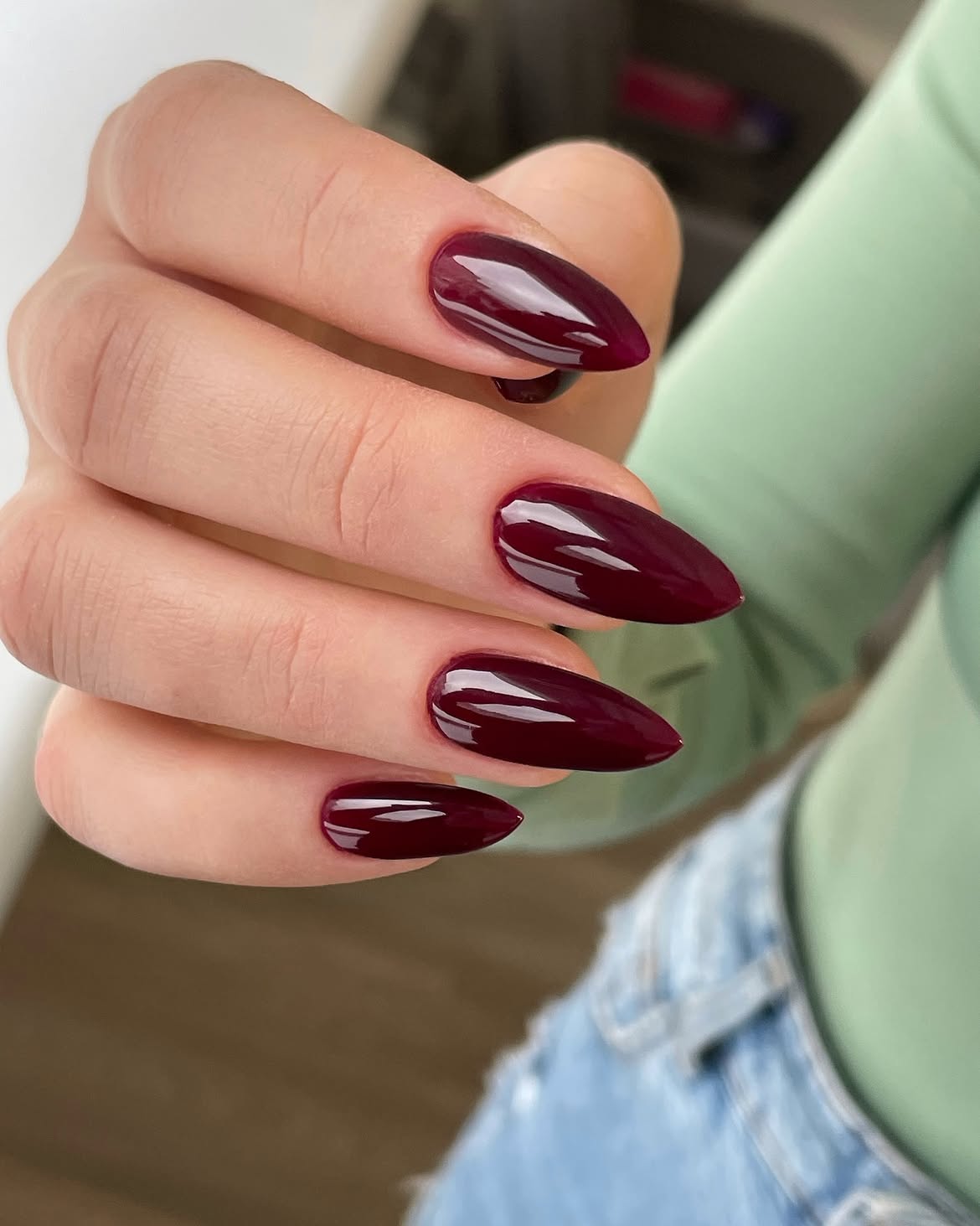Deep Burgundy Glossy Stiletto Nails
