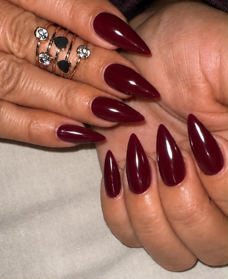 Deep Burgundy Glossy Stiletto Nails