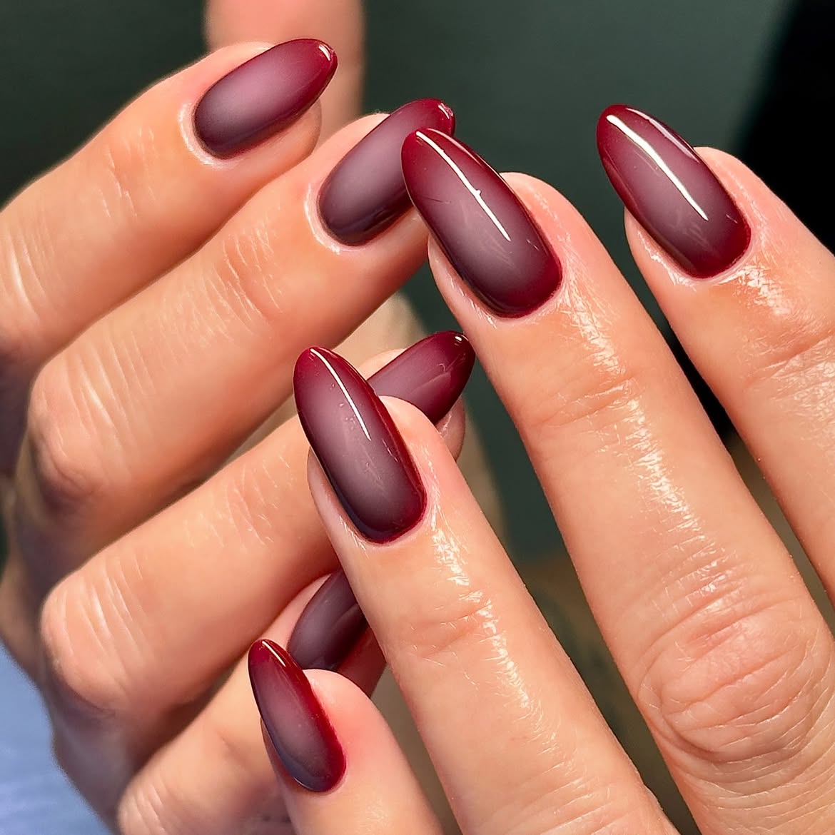 Deep Burgundy Gradient Almond Nails