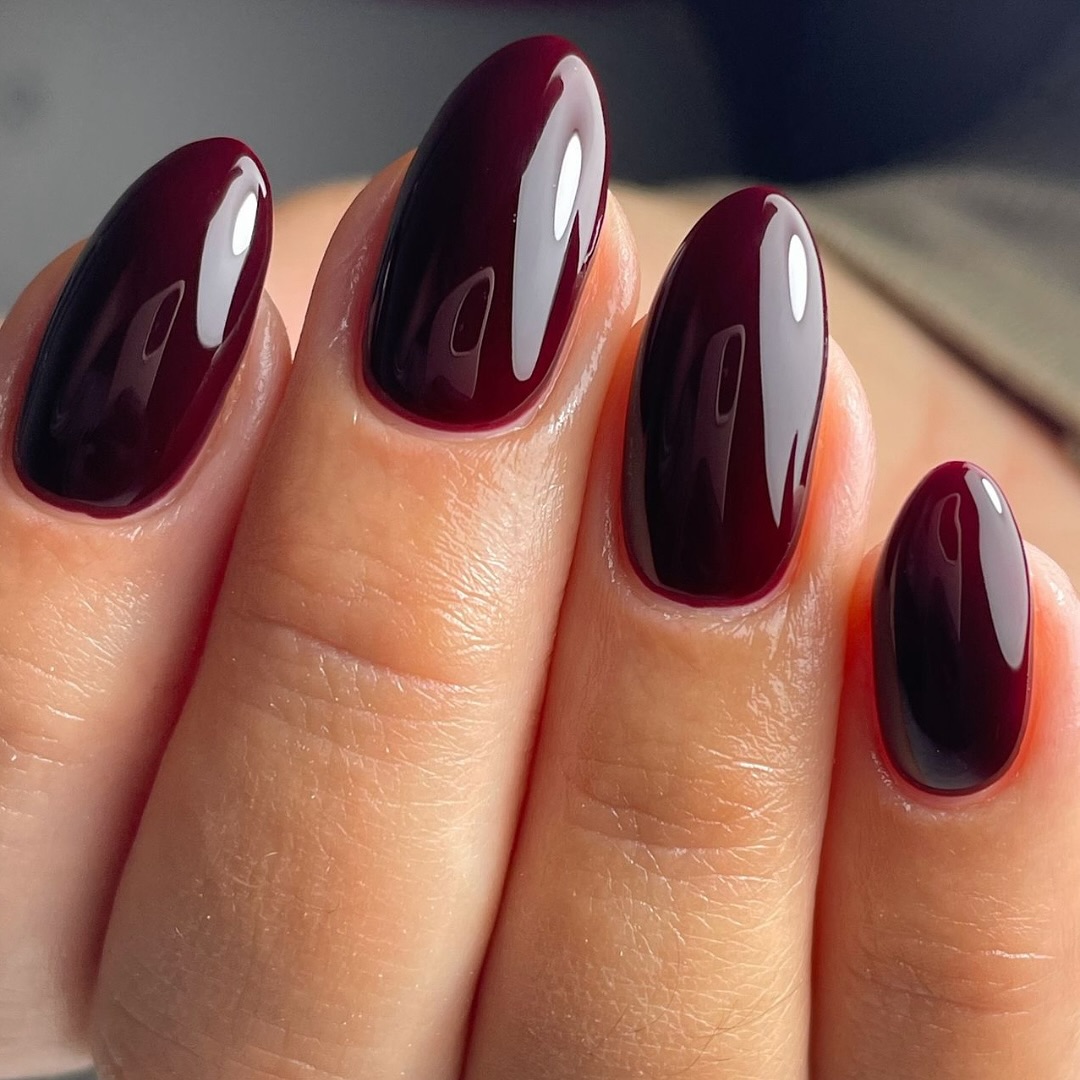 Deep Burgundy High Gloss Oval Nails