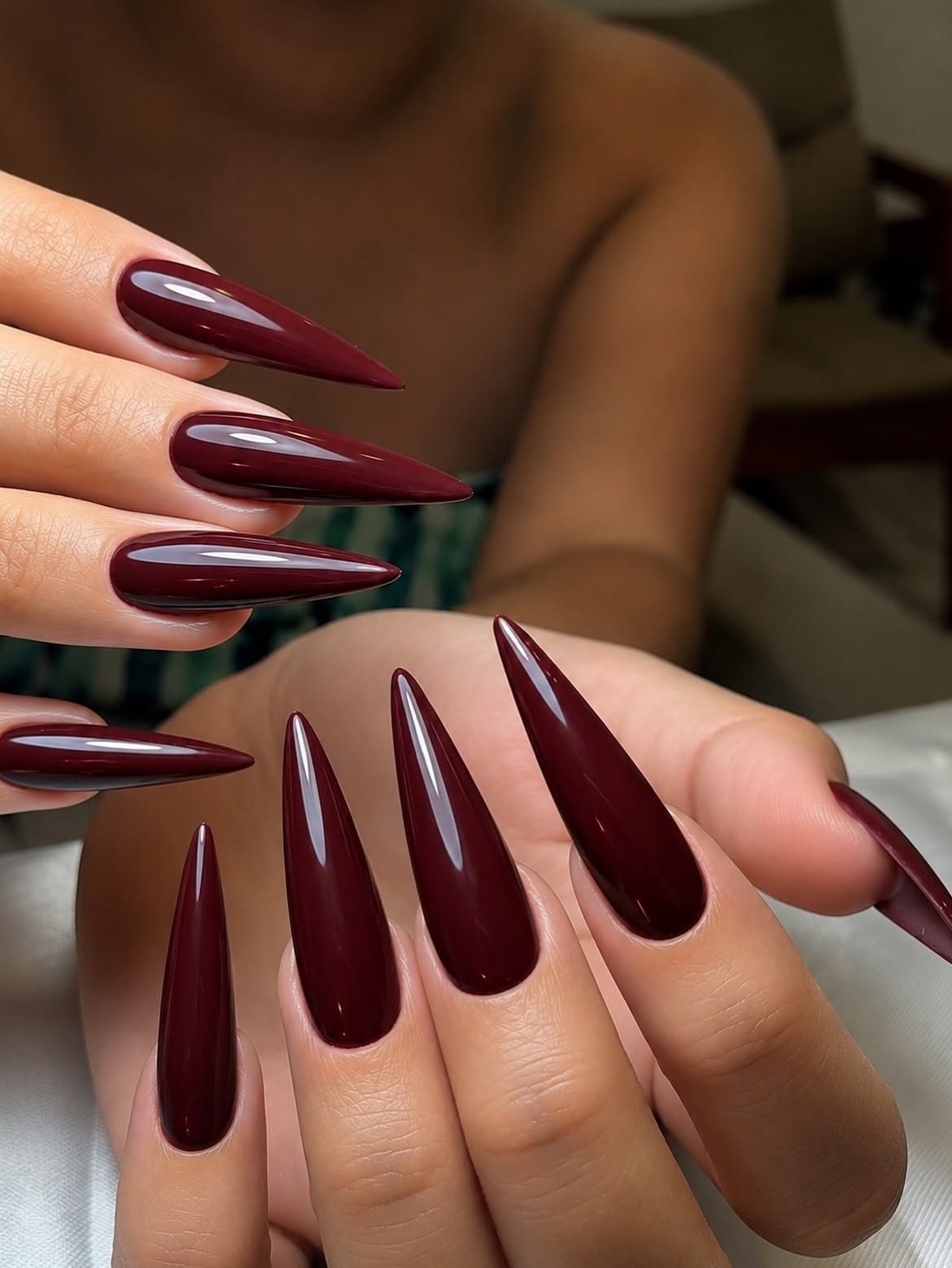 Deep Burgundy High Gloss Stiletto Nails