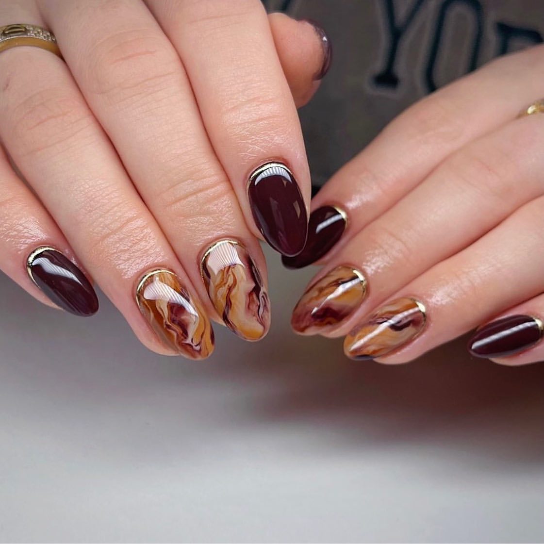Deep Burgundy Marble With Gold French Accent