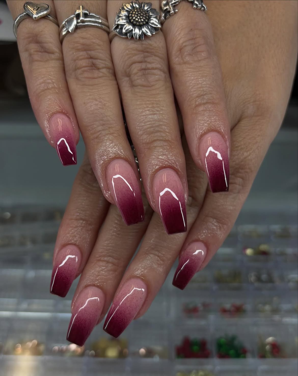 Deep Burgundy Ombre Coffin Nails