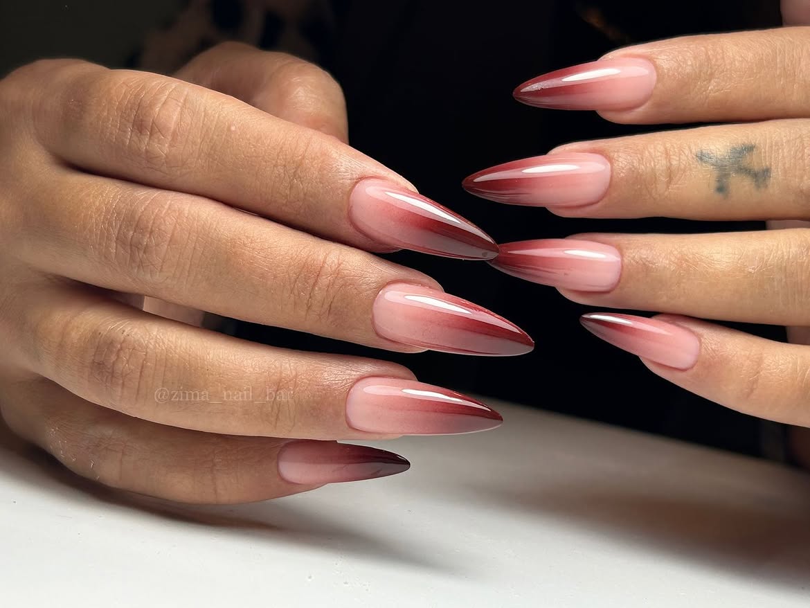 Deep Burgundy Ombre Stiletto Nails