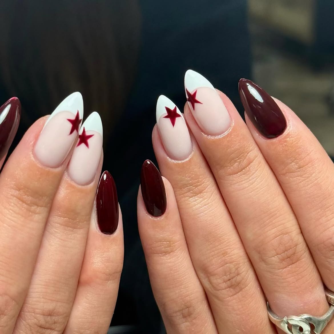 Deep Burgundy & White Star French Tips