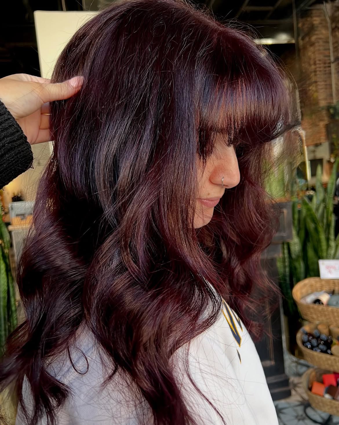 Deep Cherry Cola Waves With Blunt Bangs
