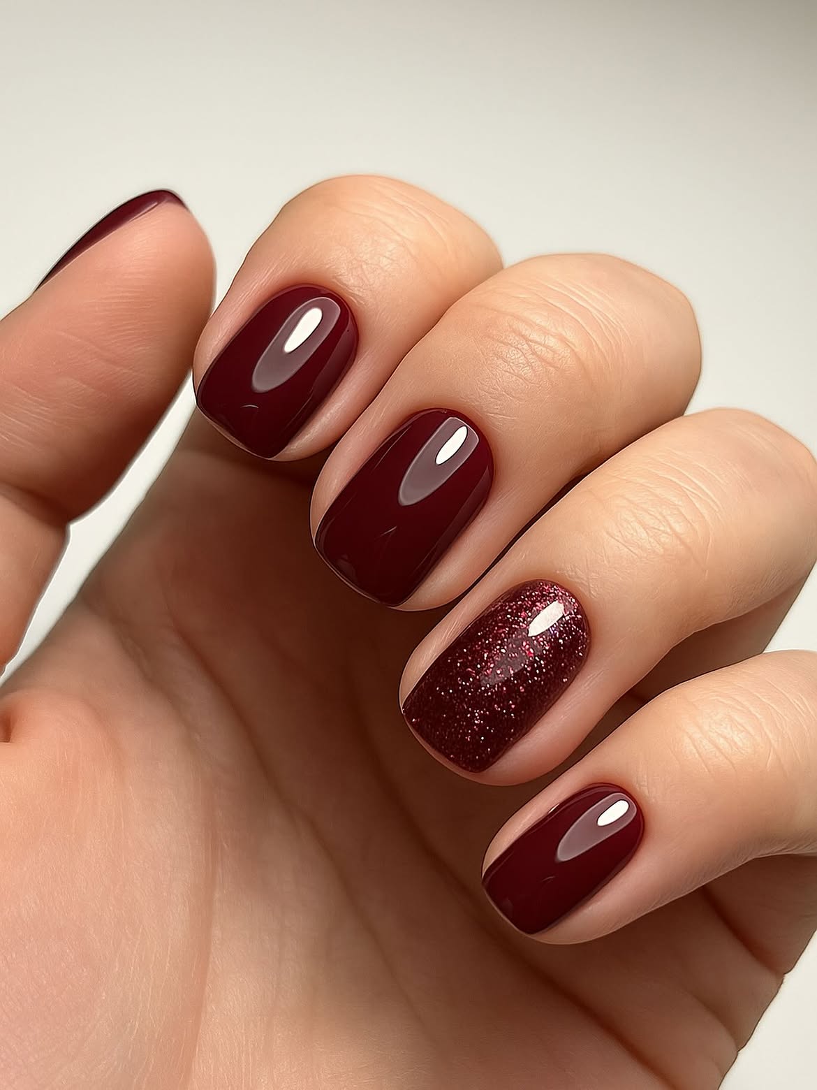Deep Cherry Red Glitter Accent Nails