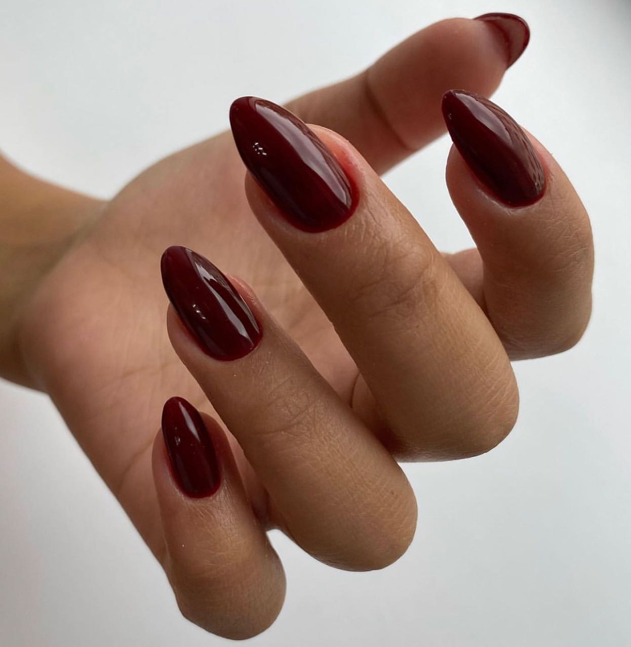 Deep Cherry Red High Gloss Almond Nails