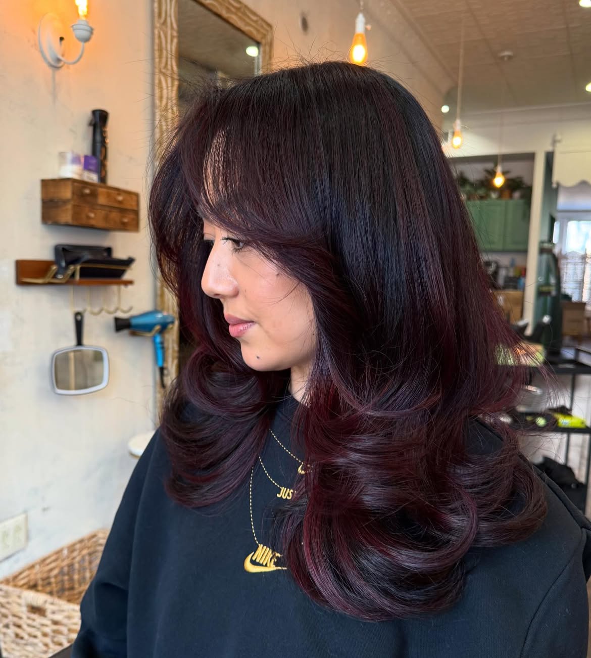 Deep Cherry Red Layers With Face Framing