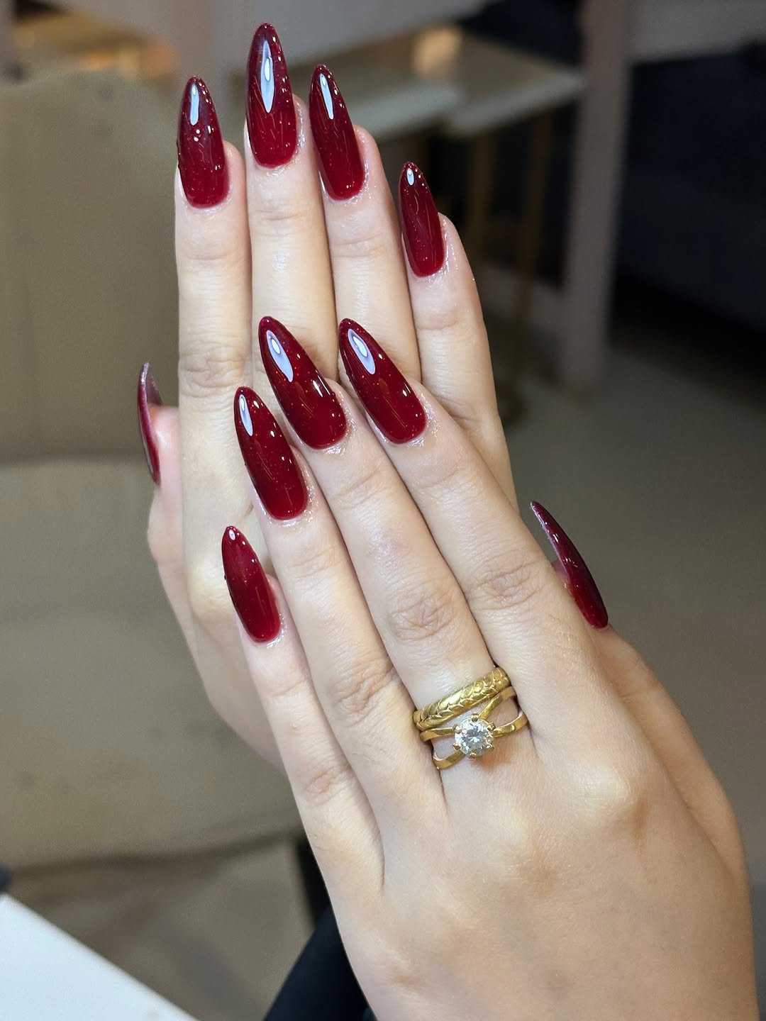 Deep Cherry Red Stiletto Sparkle Nails
